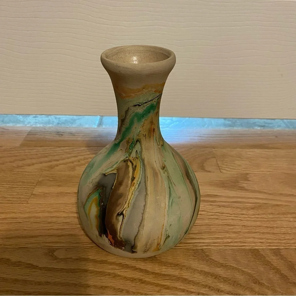 Vintage Nemadji Pottery Vase Watercolor Swirl Green Smoke Orange USA Made - Picture 3 of 5